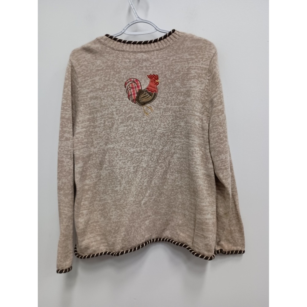 90s VTG CJ Banks Sweater Womens 1X Tan Rooster Hand Embroidered Farmcore Cotton - Picture 10 of 11